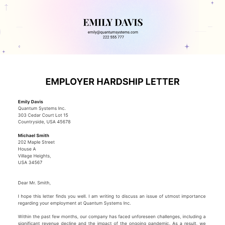 Employer Hardship Letter Template