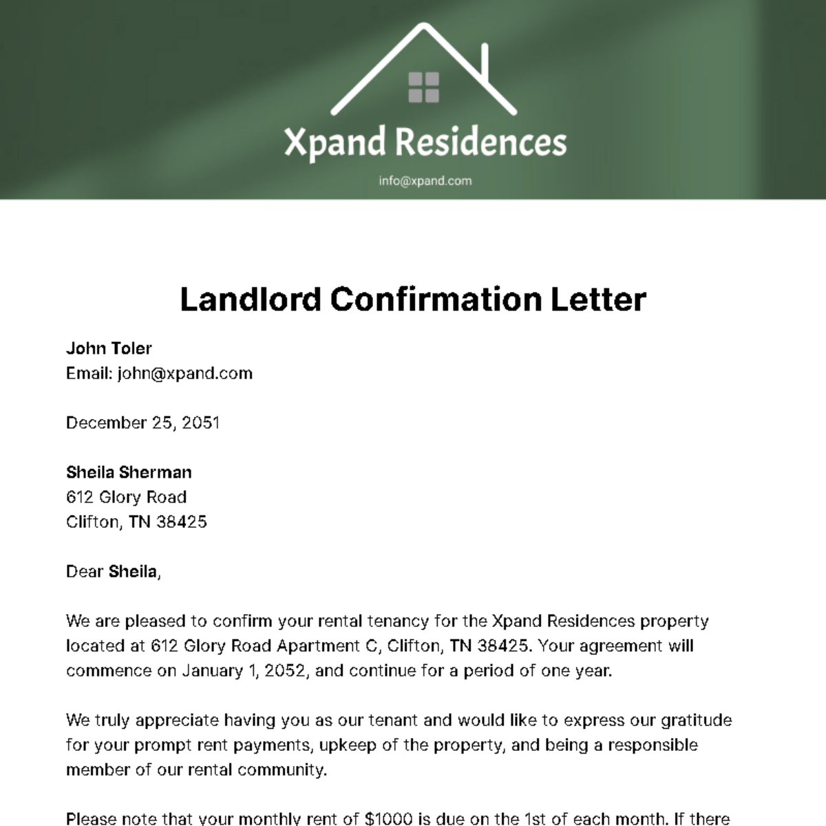 Landlord Confirmation Letter Template