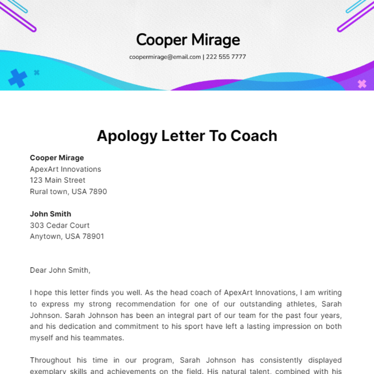 Apology Letter To Coach Template