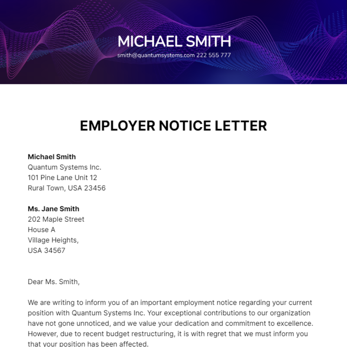 Free Employer Notice Letter Template