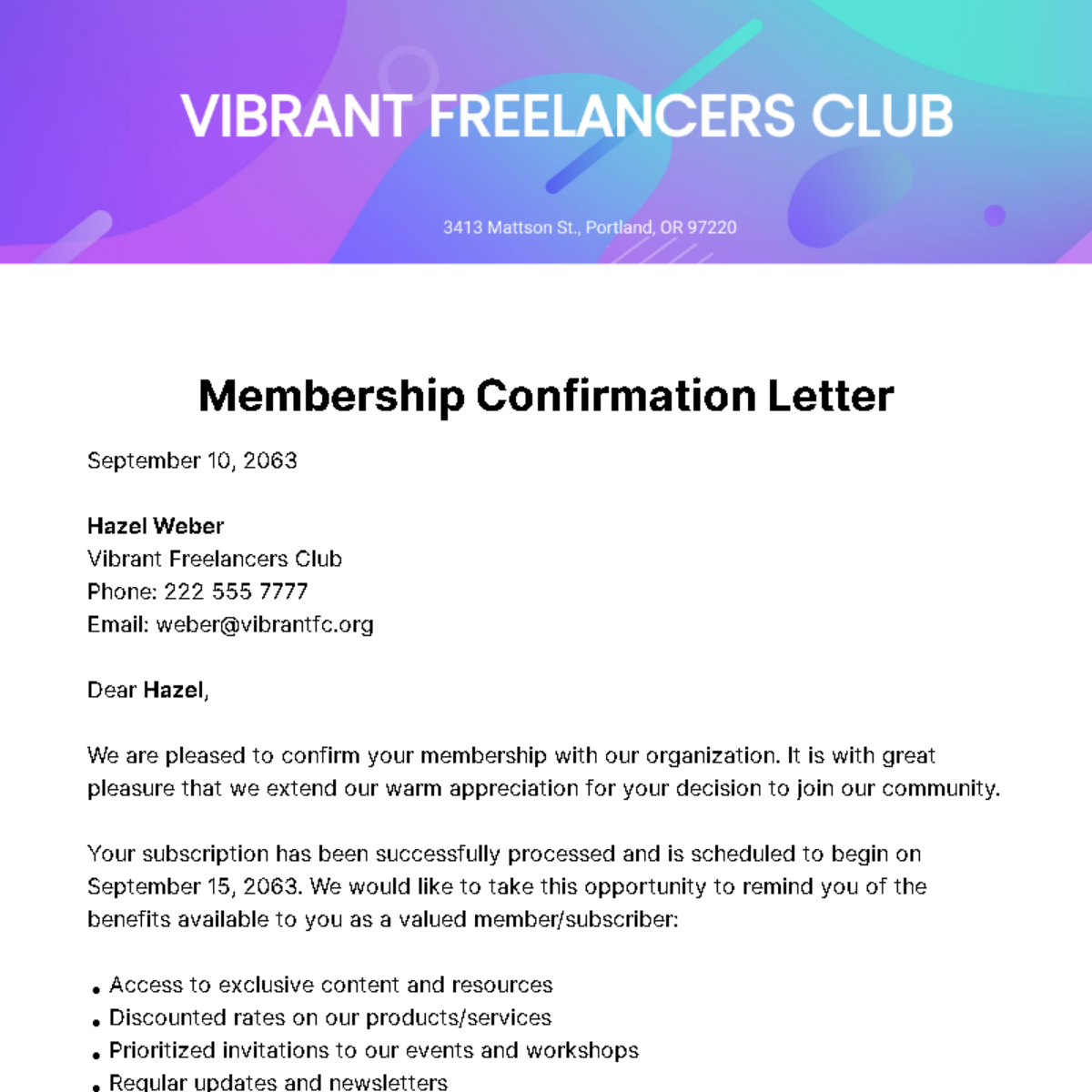 Membership Confirmation Letter Template