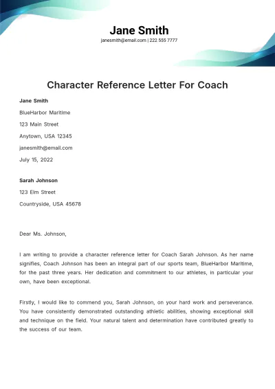 Free Character Reference Letter For Coach Template to Edit Online