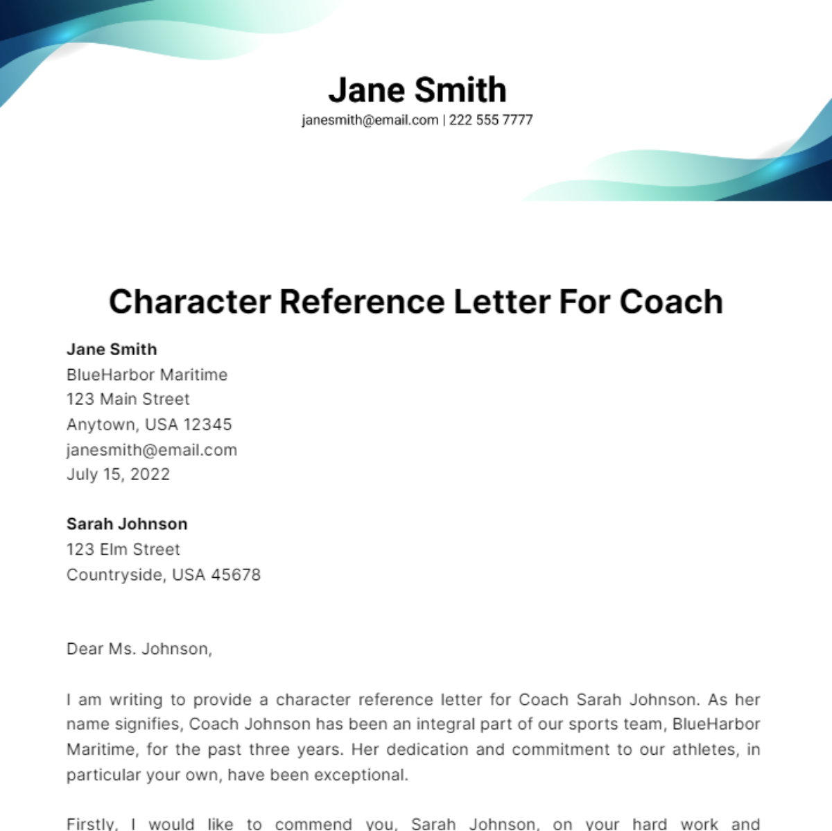 Character Reference Letter For Coach Template