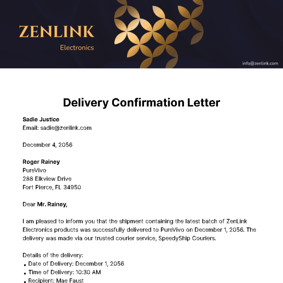 Free Delivery Confirmation Letter Template