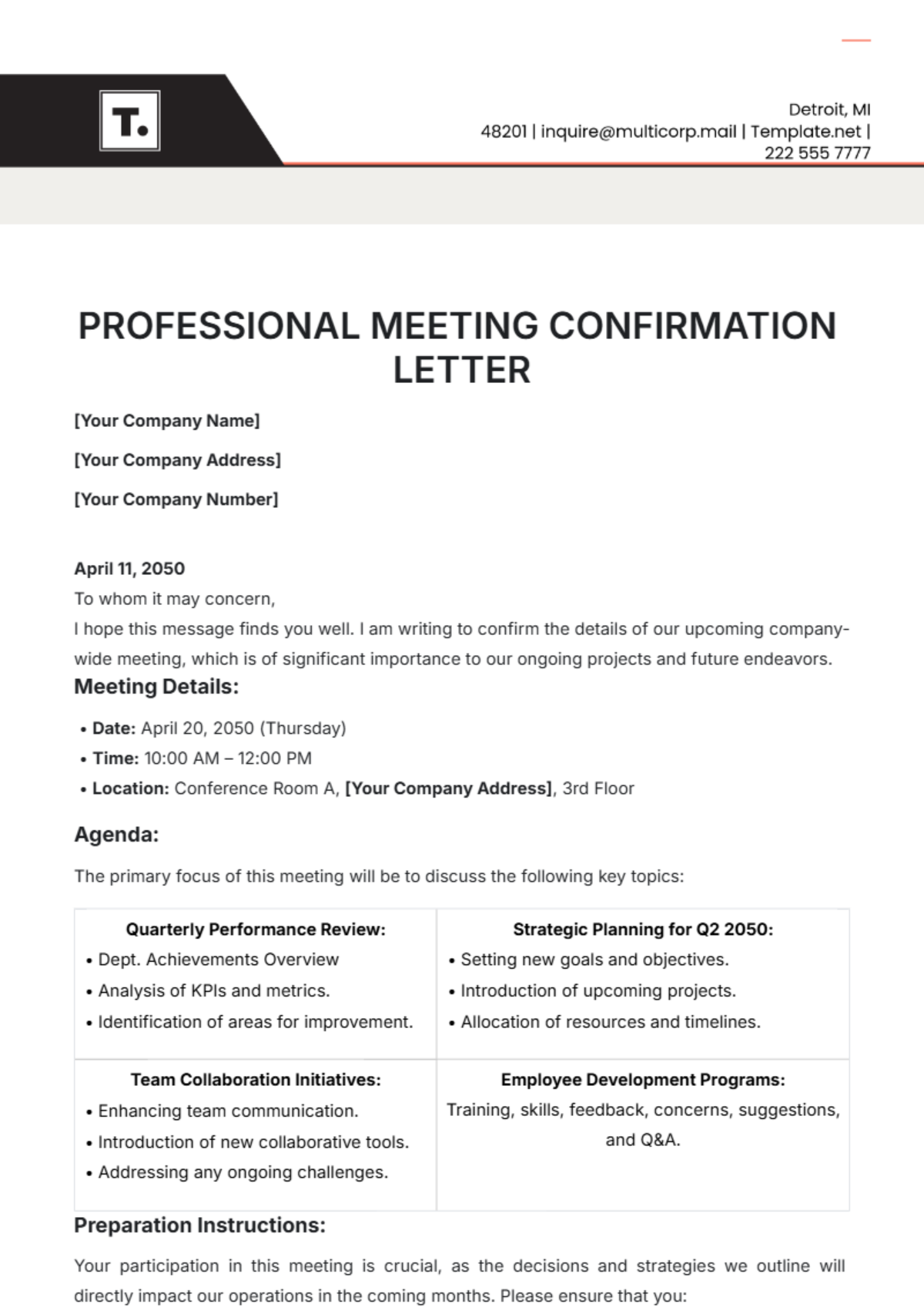 Professional Meeting Confirmation Letter Template - Edit Online & Download