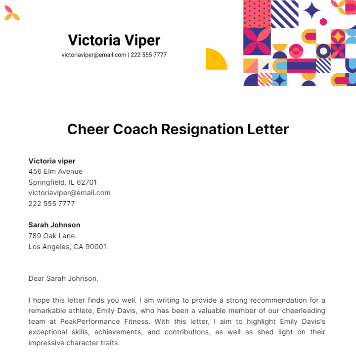 Cheer Coach Resignation Letter Template