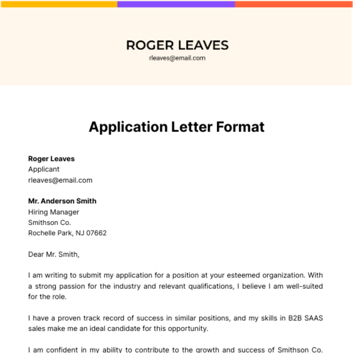 Application Letter Format Template