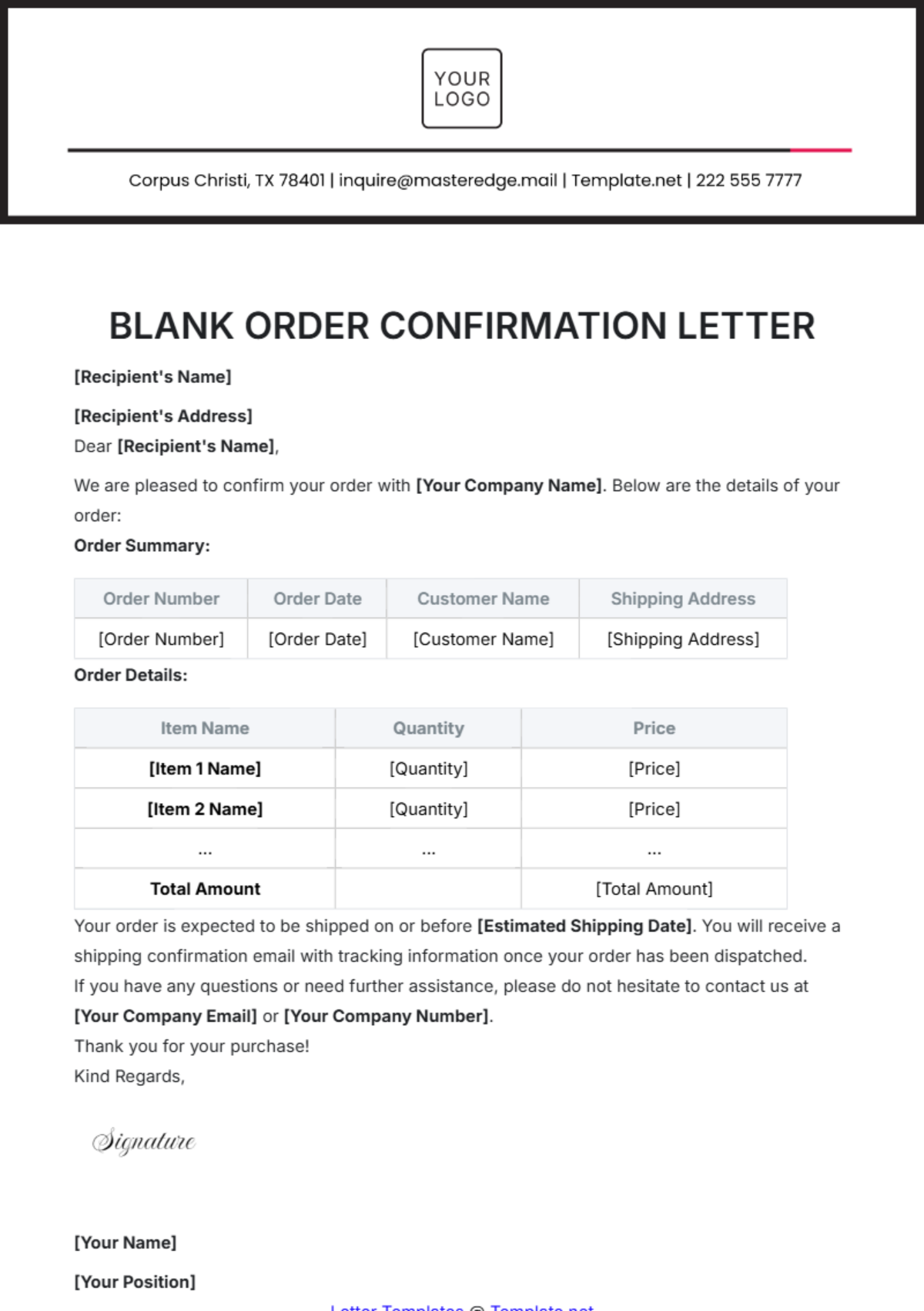 Blank Order Confirmation Letter Template - Edit Online & Download