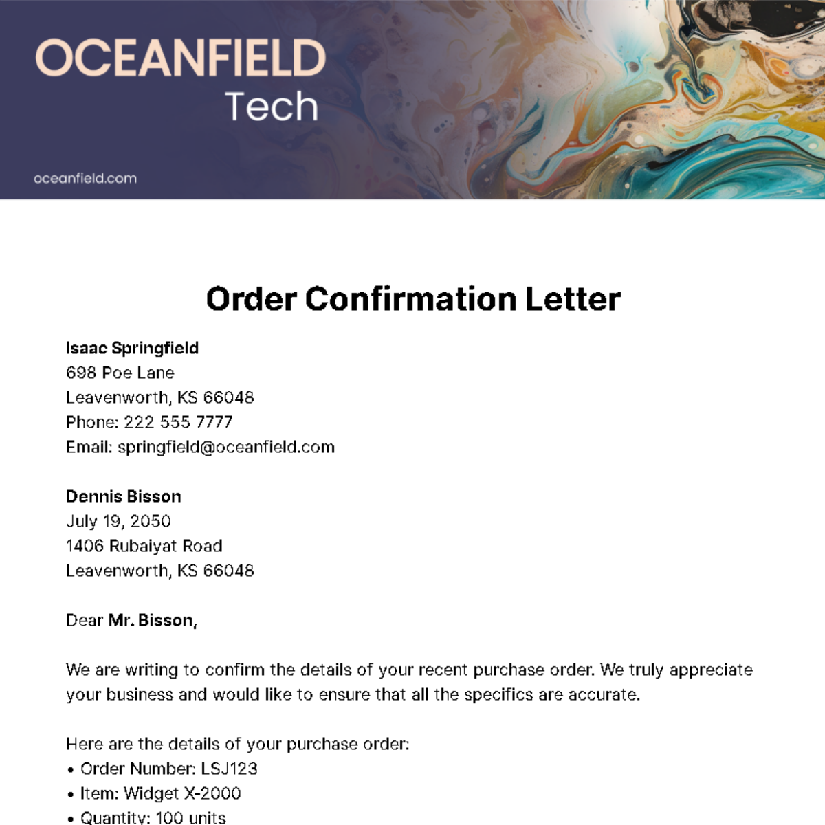 Free Order Confirmation Letter Template