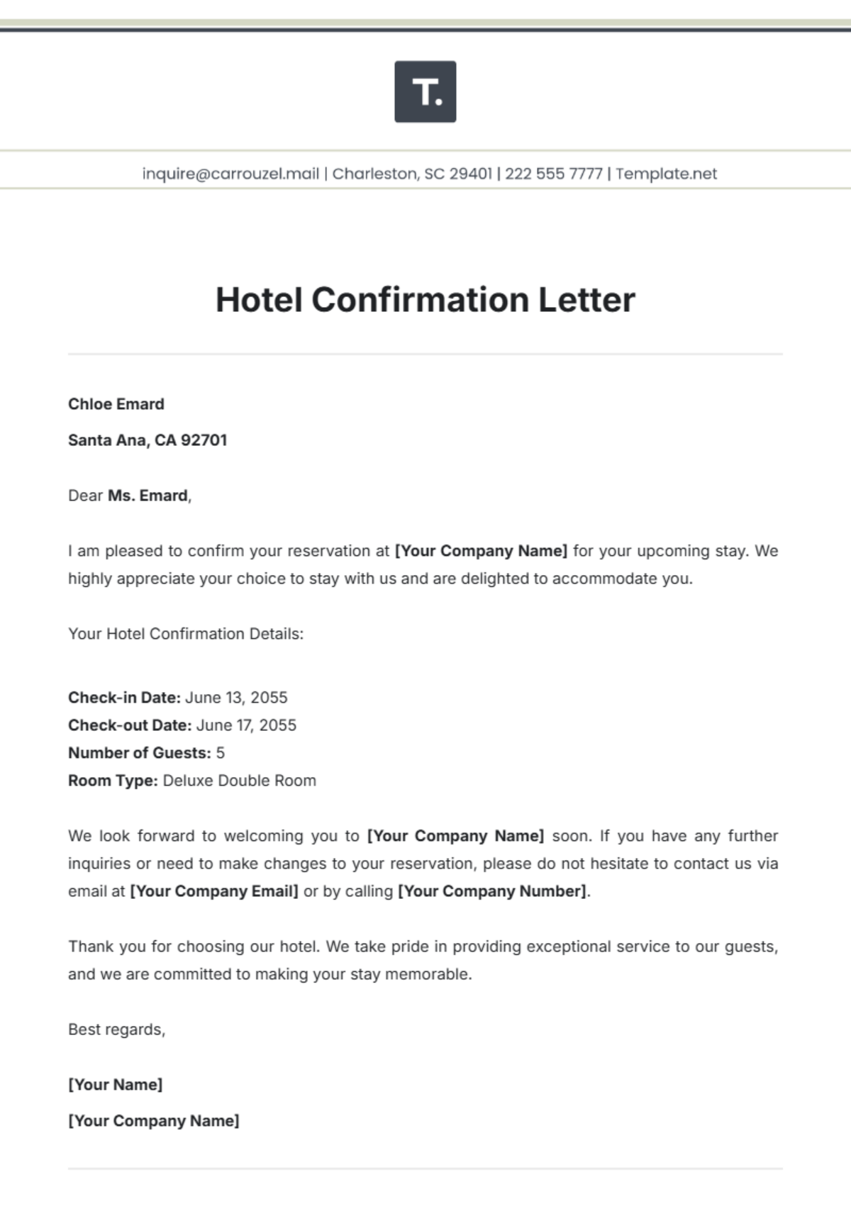 Hotel Confirmation Letter Template - Edit Online & Download