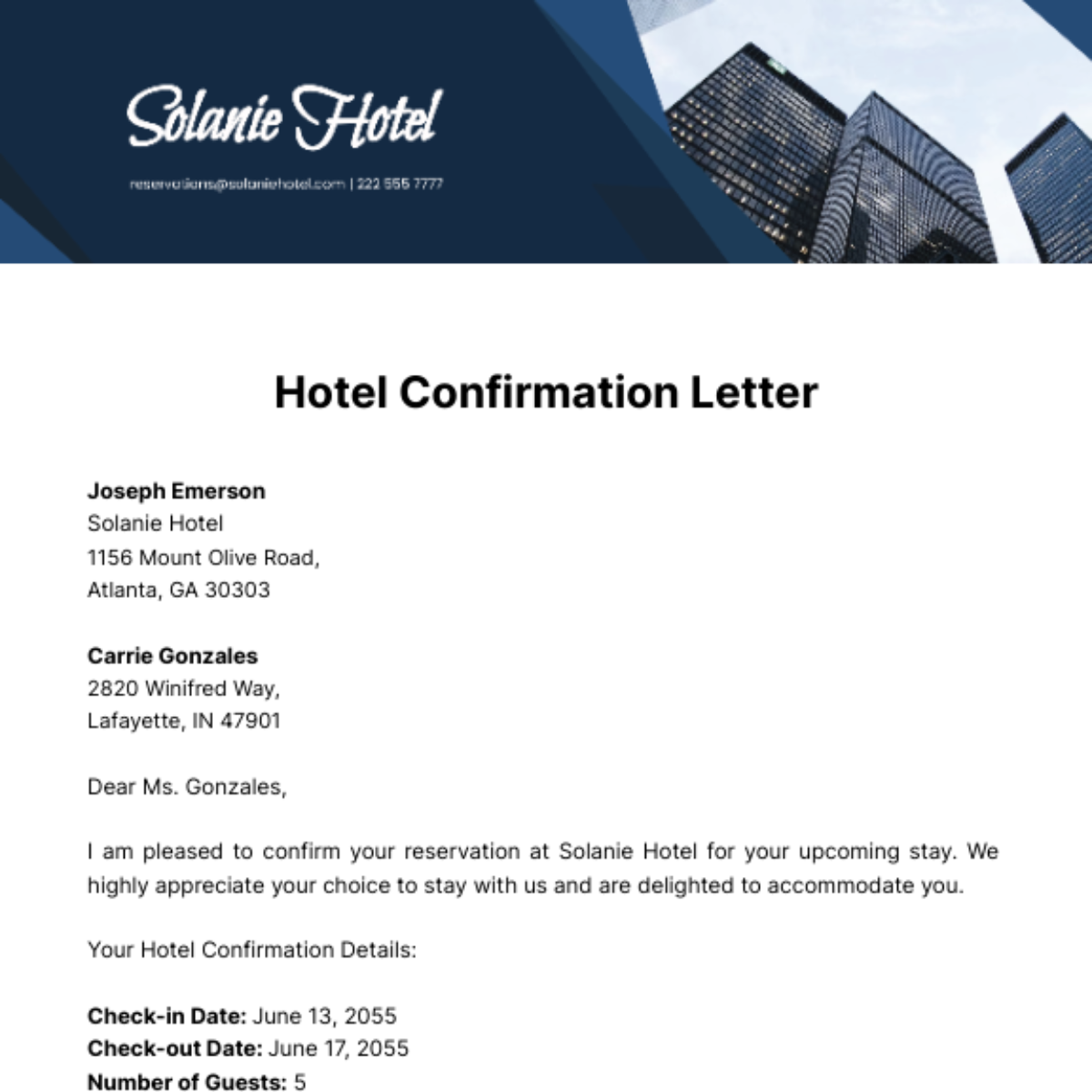 Free Hotel Confirmation Letter Template