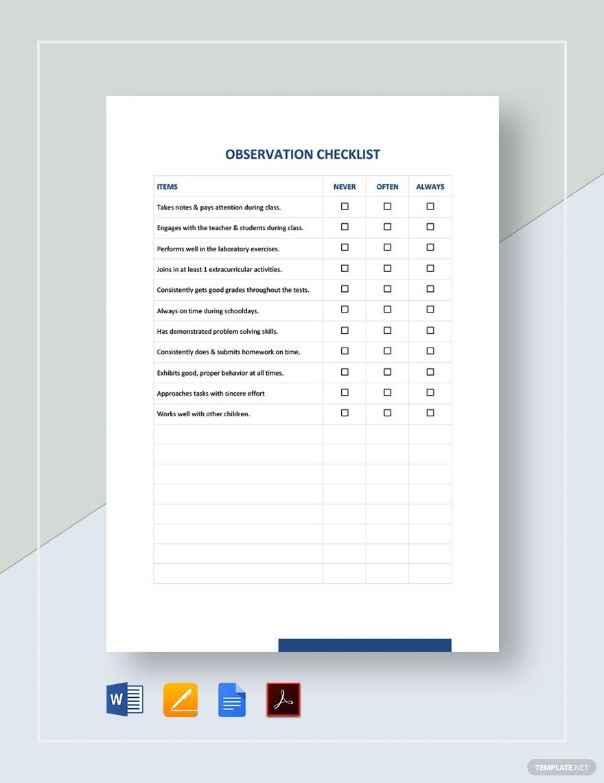 Observation Checklist Template in Word, Google Docs, PDF, Apple Pages