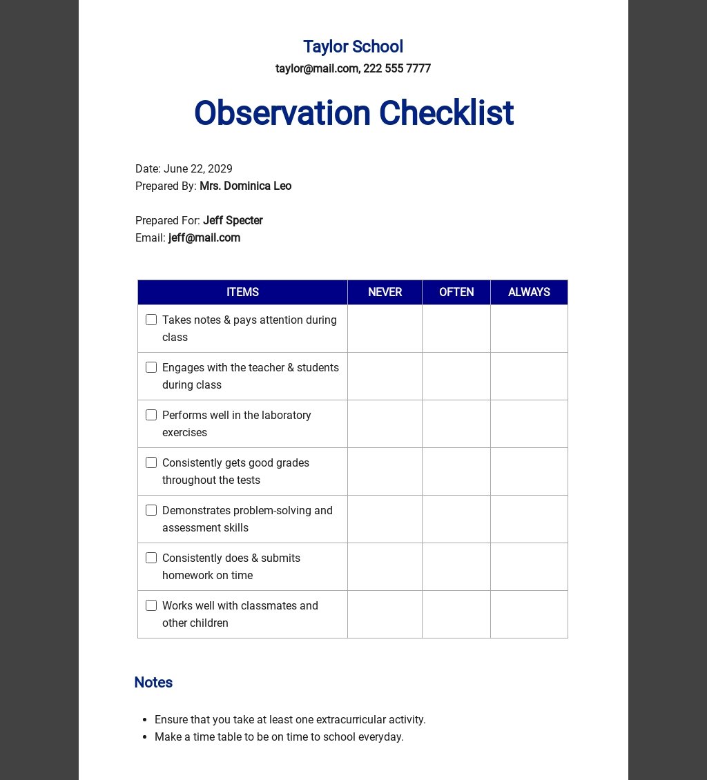 Checklist Observation Template Early Years