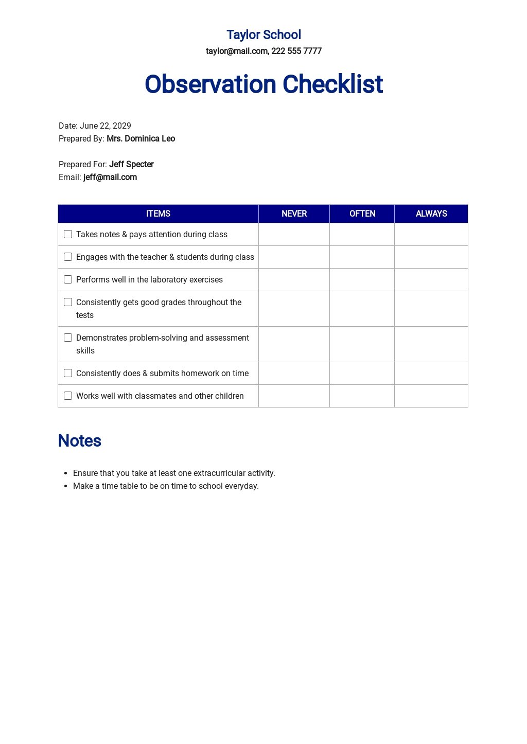 Observation Checklist Template [Free PDF] - Google Docs, Word, Apple