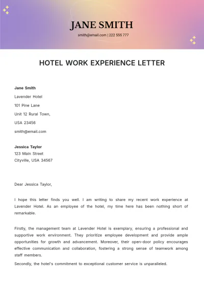 Free Hotel Work Experience Letter Template to Edit Online