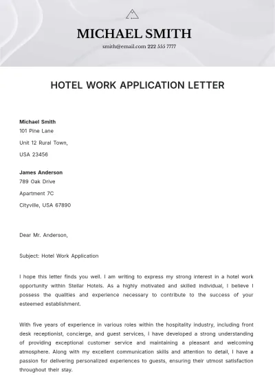 Free Hotel Work Application Letter Template to Edit Online