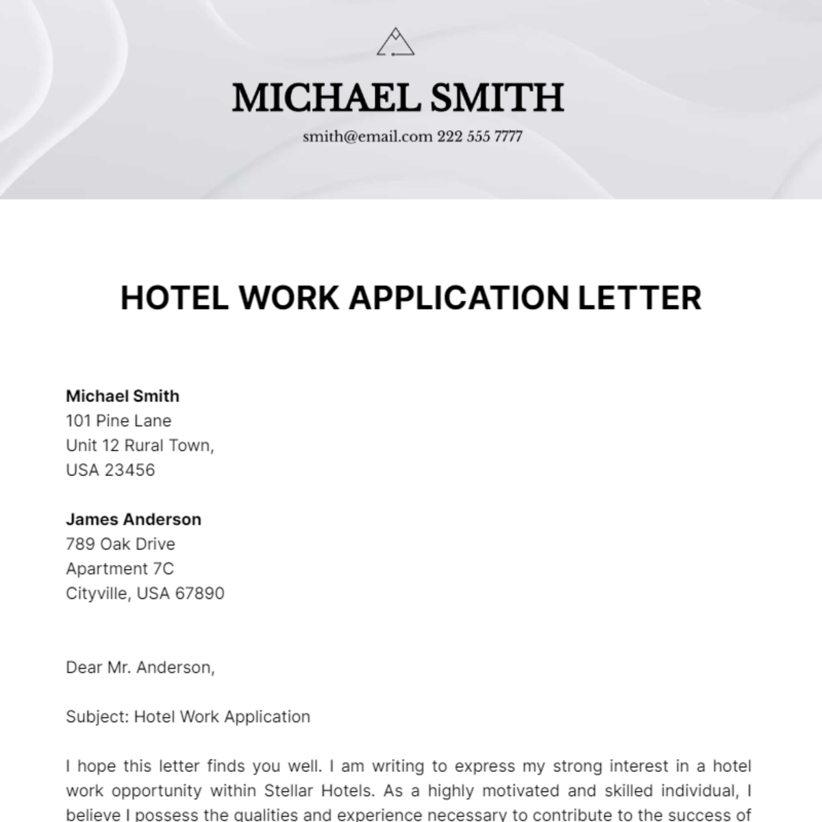 Hotel Work Application Letter Template
