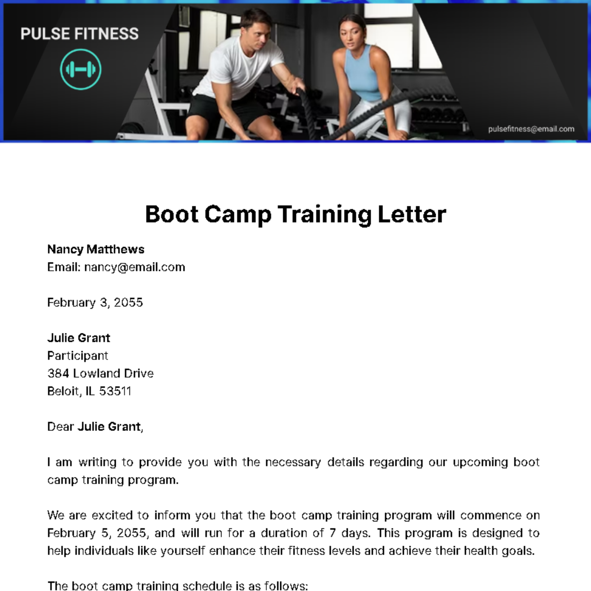 Boot Camp Training Letter Template