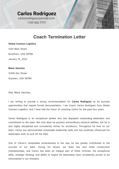 Free Coach Termination Letter Template to Edit Online