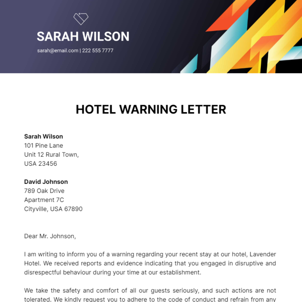 Hotel Warning Letter Template