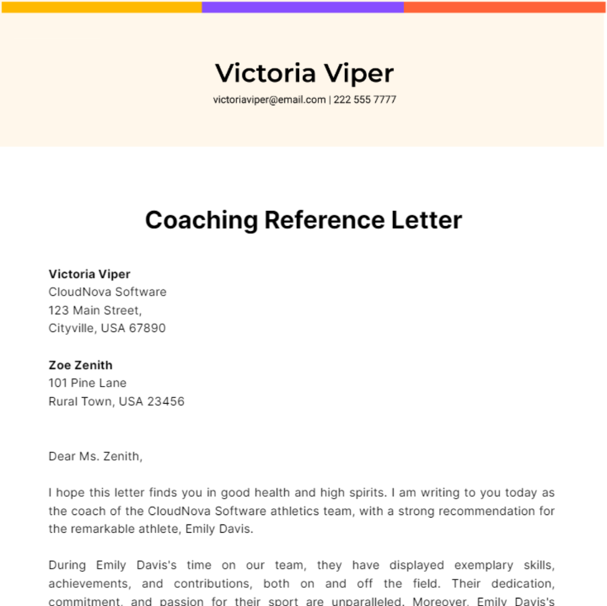 Coaching Reference Letter Template
