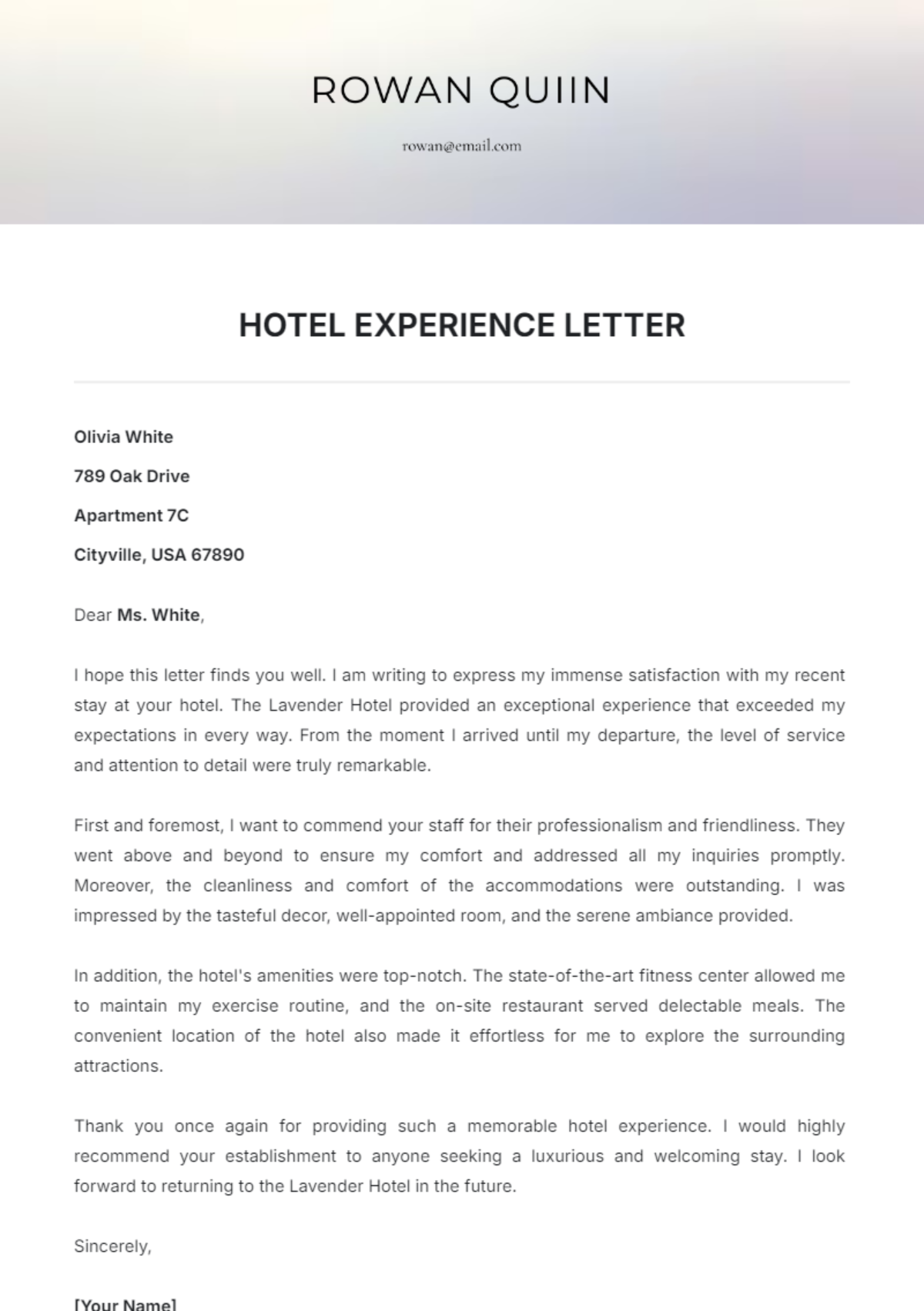 Hotel Experience Letter Template - Edit Online & Download