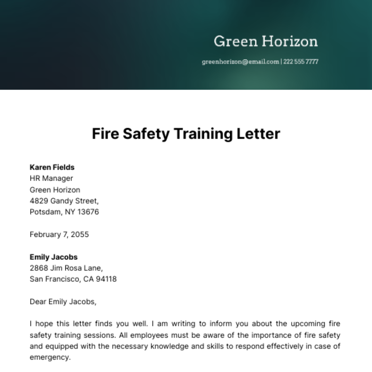 Fire Safety Training Letter Template