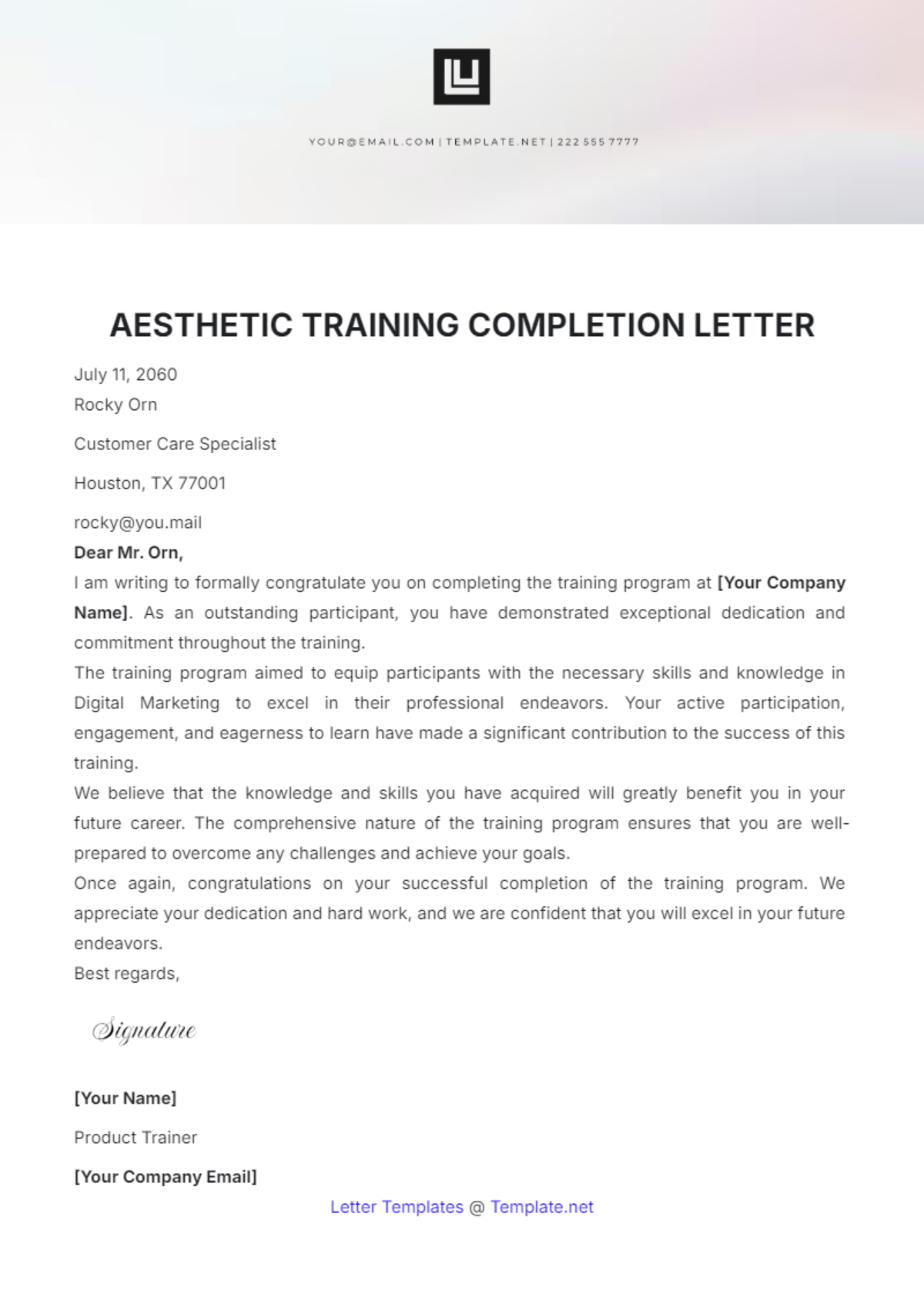 Aesthetic Training Completion Letter Template - Edit Online & Download