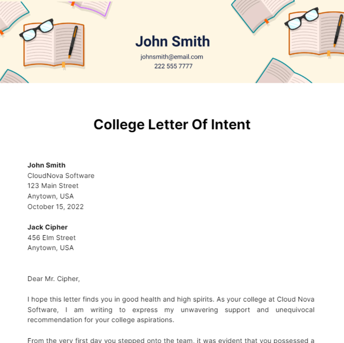 College Letter Of Intent Template