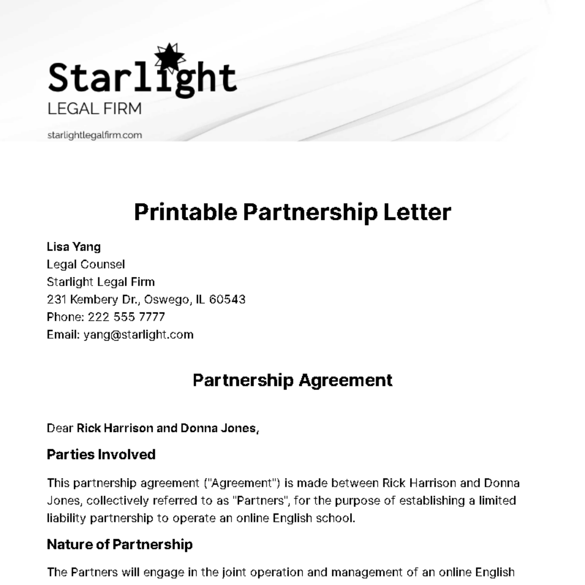 Free Printable Partnership Letter