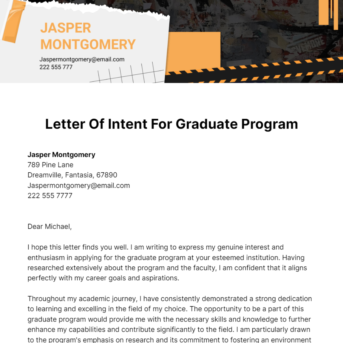 Letter Of intent For Graduate Program Template