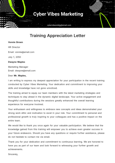 Free Training Appreciation Letter Template to Edit Online