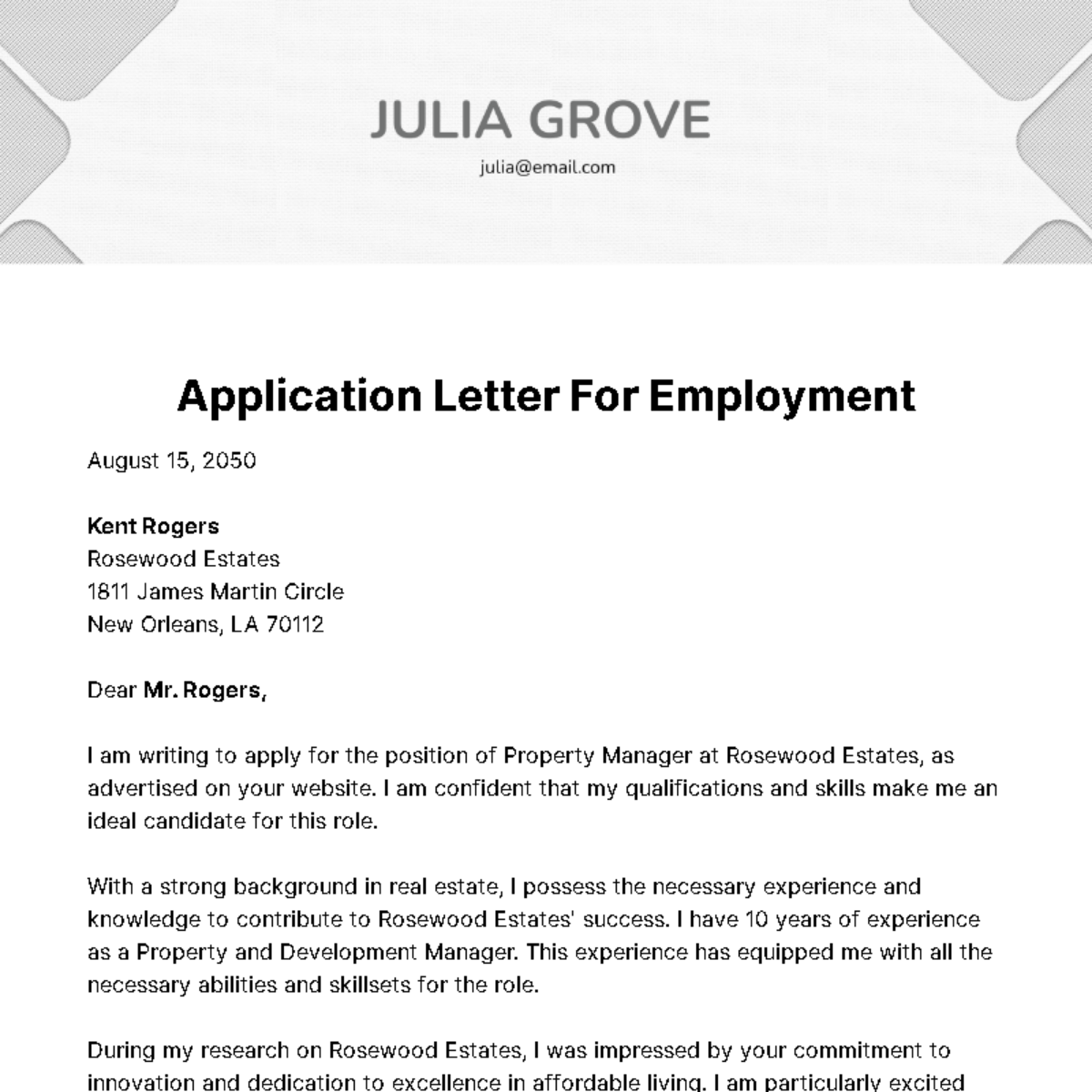 Application Letter for Employment Template
