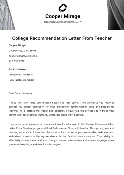 Free College Recommendation Letter From Teacher Template to Edit Online