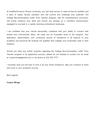 Free College Recommendation Letter From Teacher Template to Edit Online