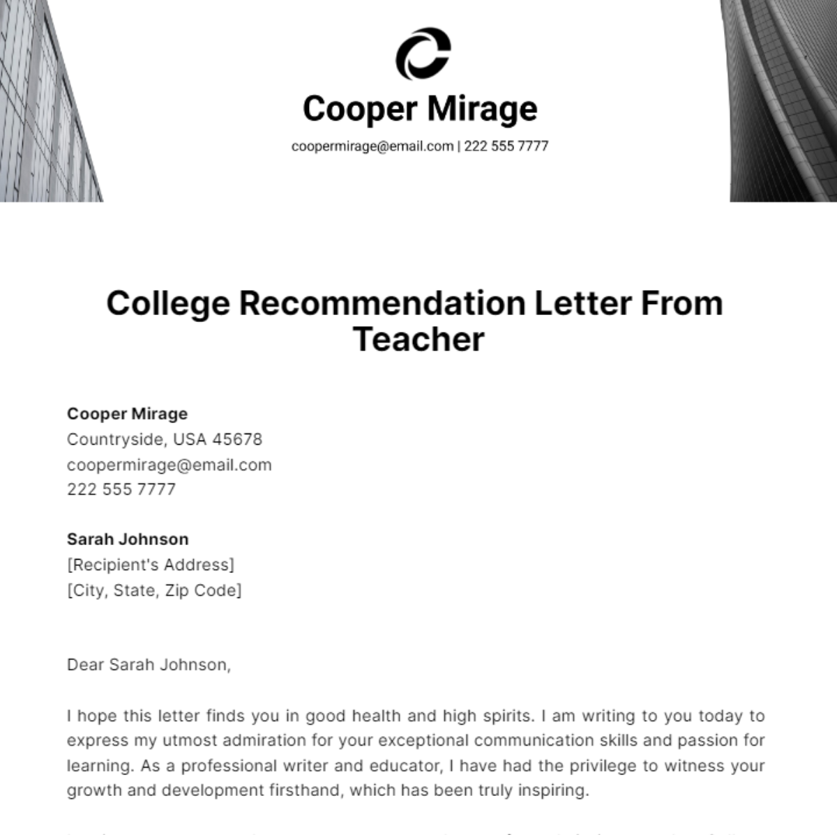 Free College Recommendation Letter From Teacher Template