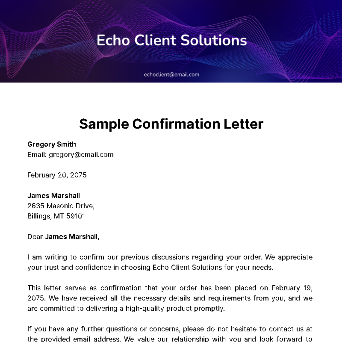 Free Sample Confirmation Letter Template