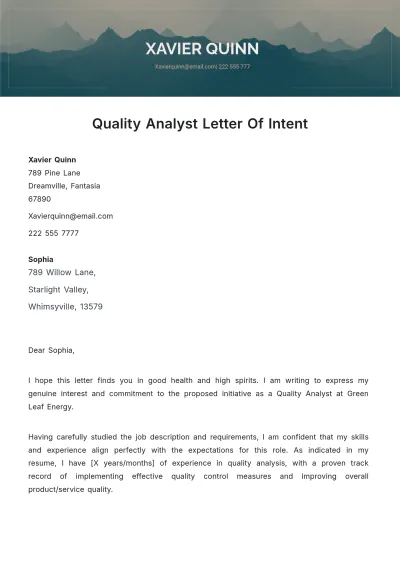 Free Quality Analyst Letter Of Intent Template to Edit Online