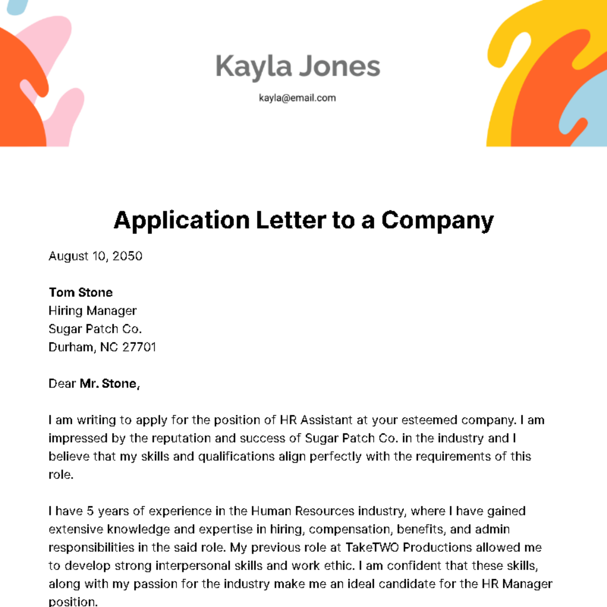 Free Application Letter to a Company Template