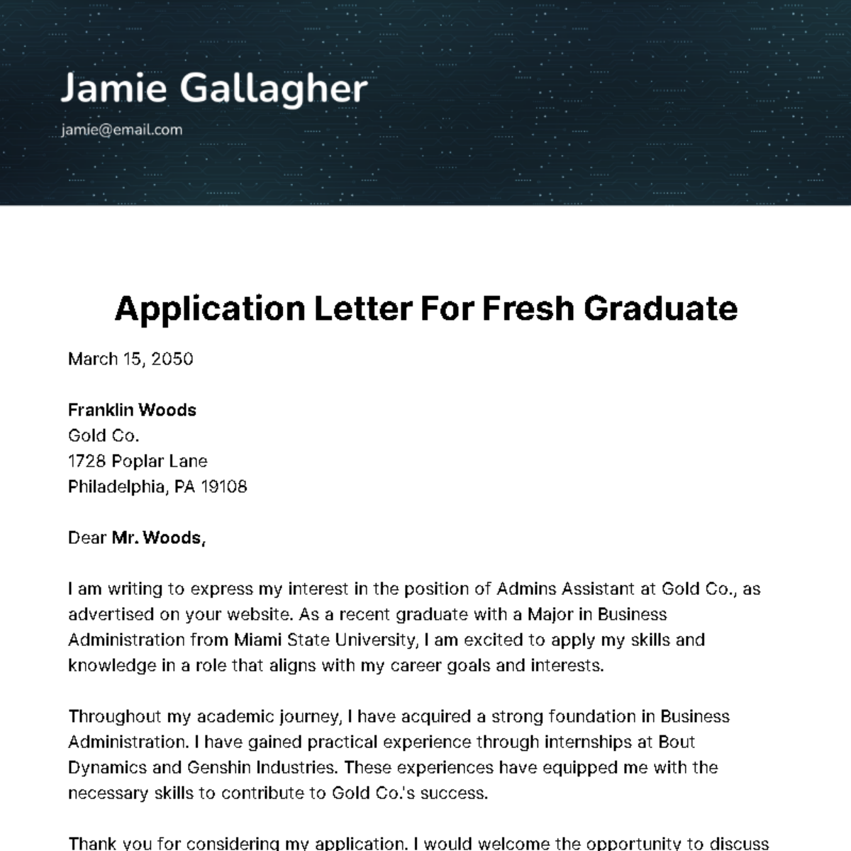Free Application Letter for Fresh Graduate Template