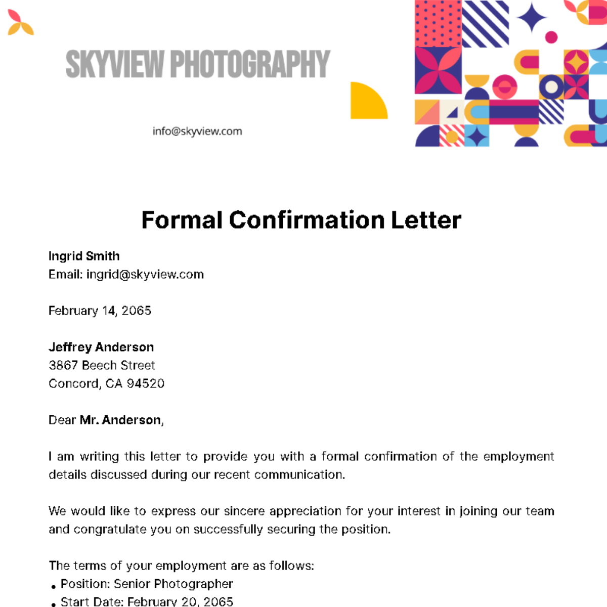 Free Formal Confirmation Letter Template