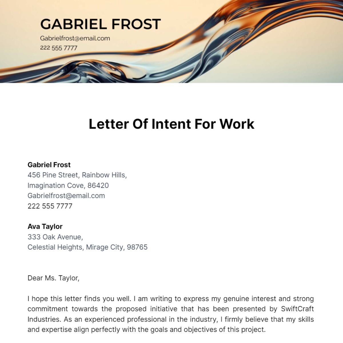 Letter Of Intent For Work Template