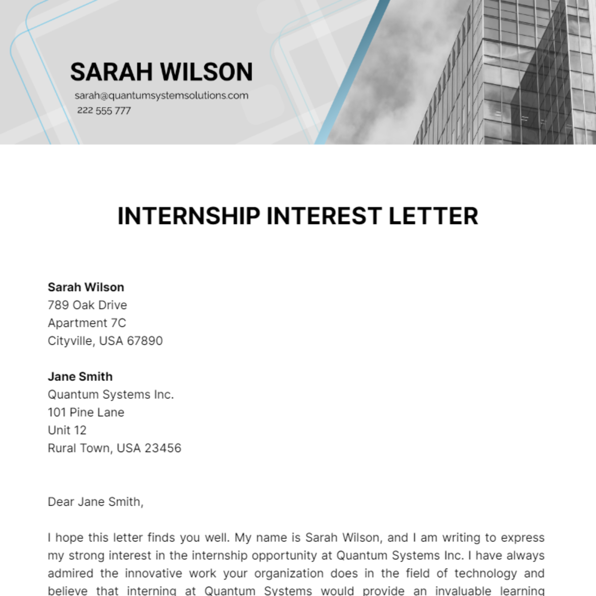 Internship Interest Letter Template