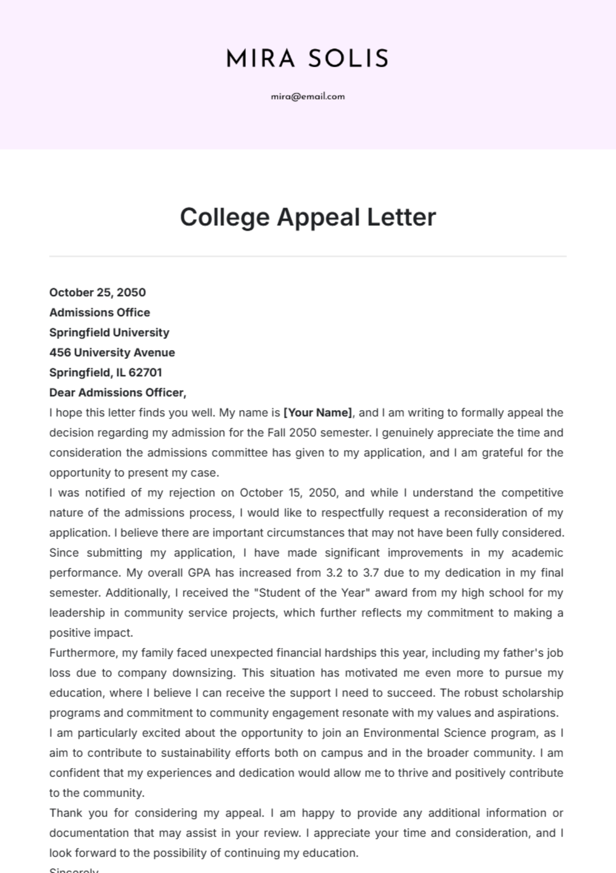 College Appeal Letter Template - Edit Online & Download