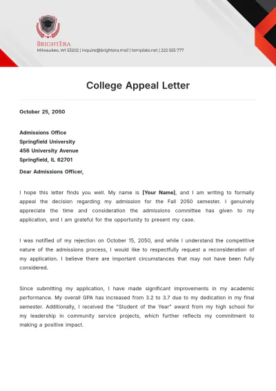 Free College Appeal Letter Template to Edit Online