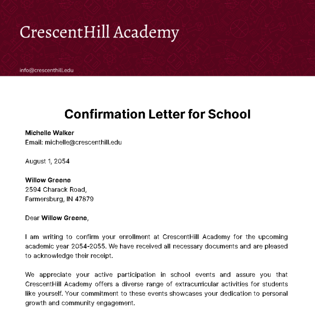 Free Confirmation Letter for School Template