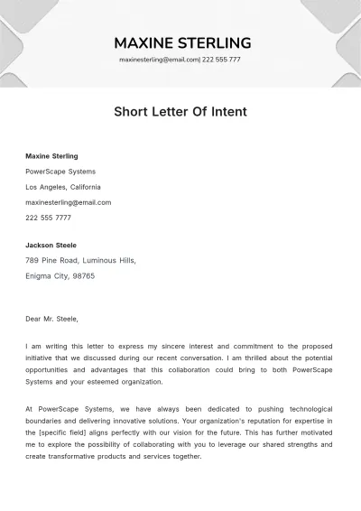 Free Short Letter Of Intent Template to Edit Online