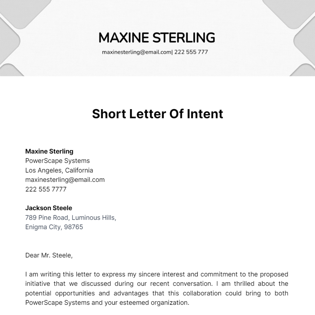 Short Letter Of Intent Template
