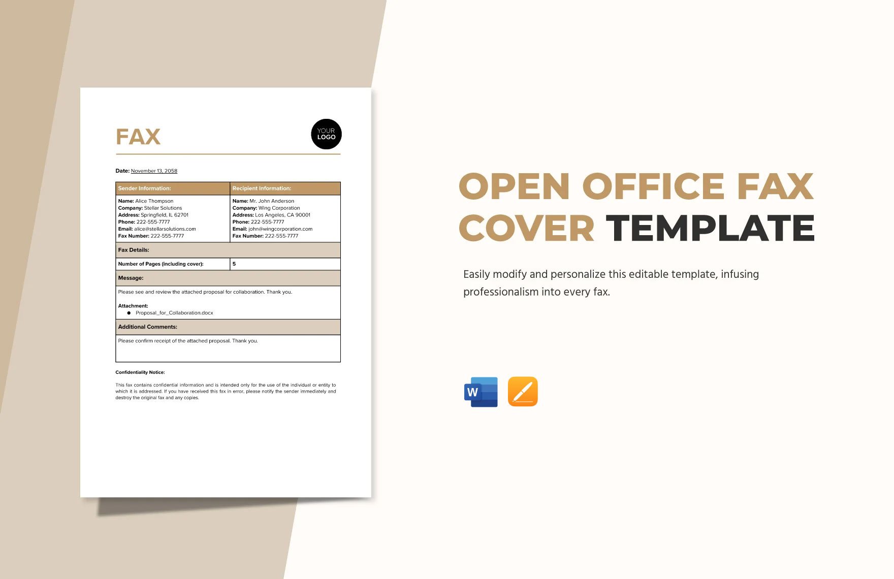 Open Office Fax Cover Template in Word, Apple Pages