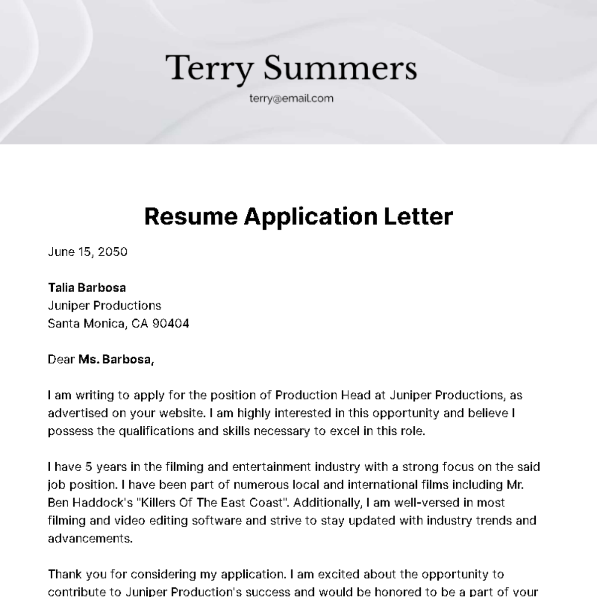 Free Resume Application Letter Template